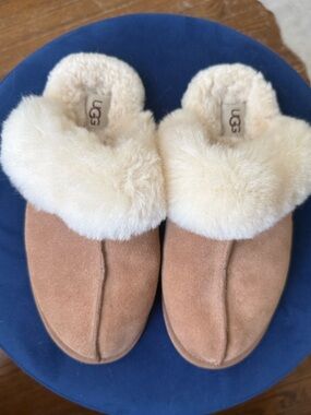 UGG Chestnut Suede Slippers with Cream Shearling Cuff